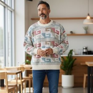 St. John's Bay Cream and Multicolor Crewneck Sweater Vintage Grandpa Sweater L